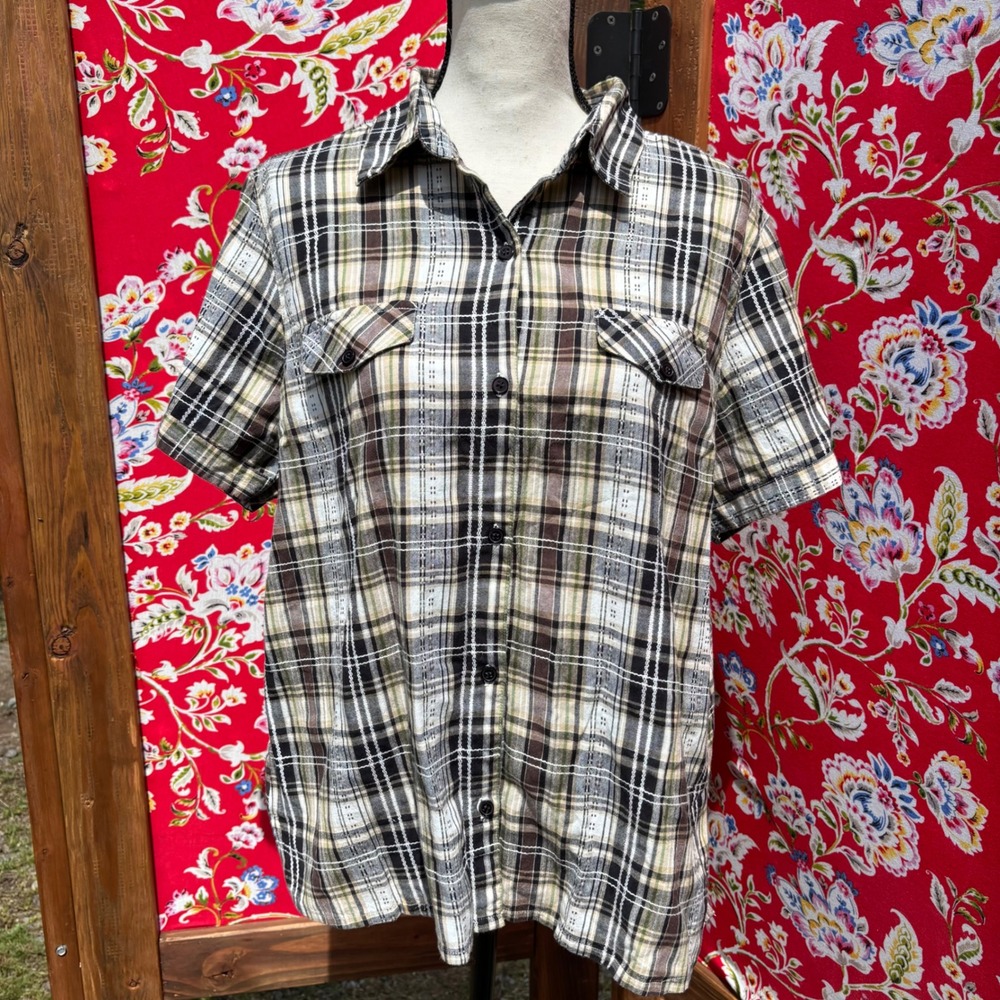 100% Cotton Short Sleeve Cottagecore Embroidered Plaid Button Up Top Women's XL